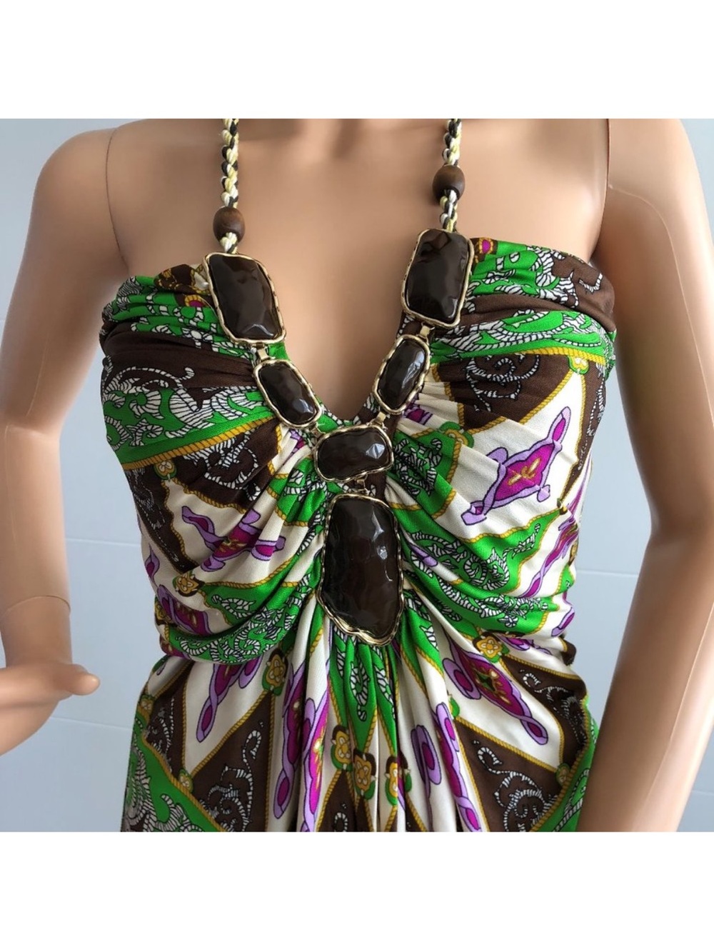 RARE Y2K Sky Gold Necklace halter top with green and brown pattern Small EUC - Picture 3 of 6